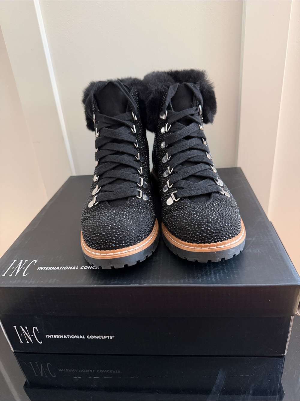 INC International Concepts Black Sparkle Fur-Trim Lace-Up Boots